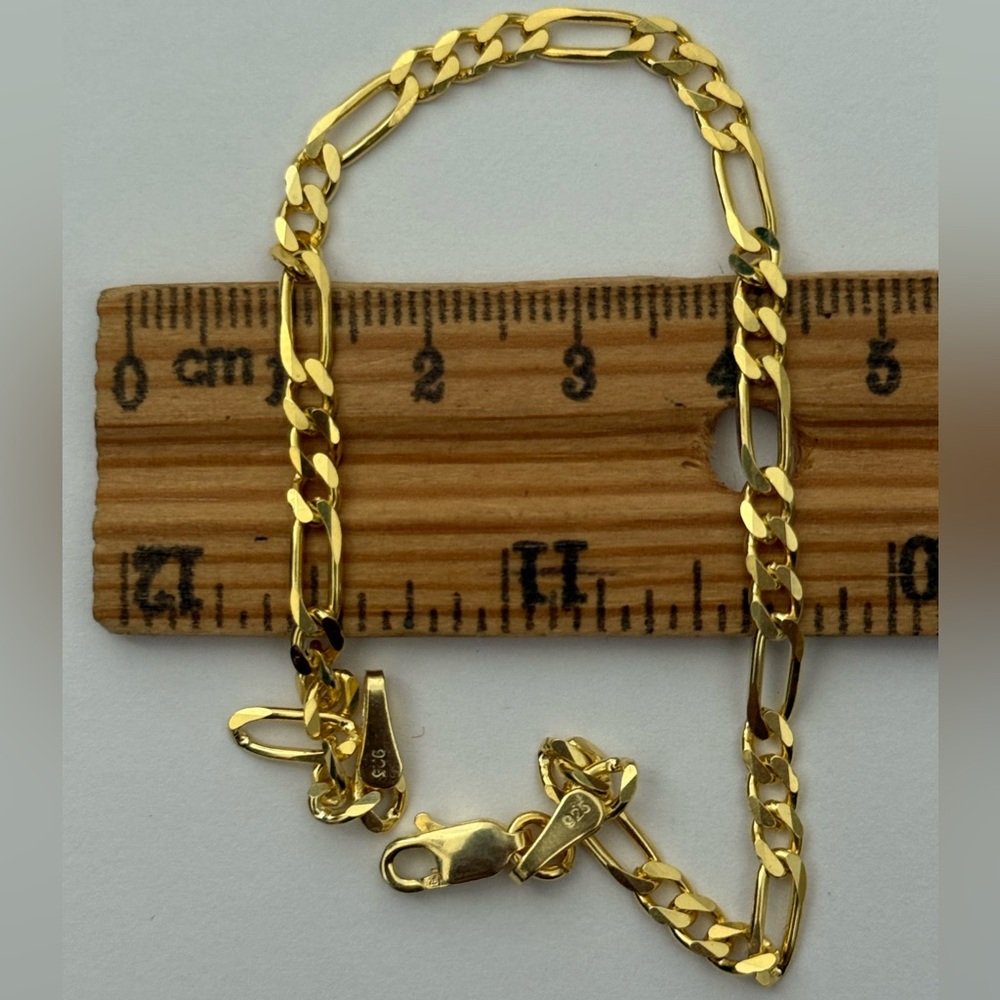 925 Silver 4mm 8” bracelet figaro chain 18k yellow gold plated unisex